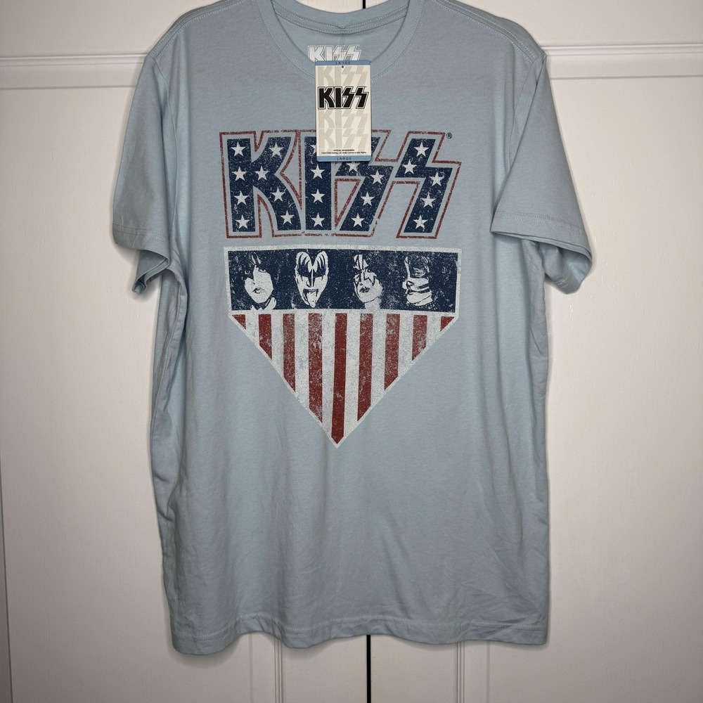 KISS Shirt Mens Large Blue Patriotic USA Flag Graphic Tee Band Rock Portrait